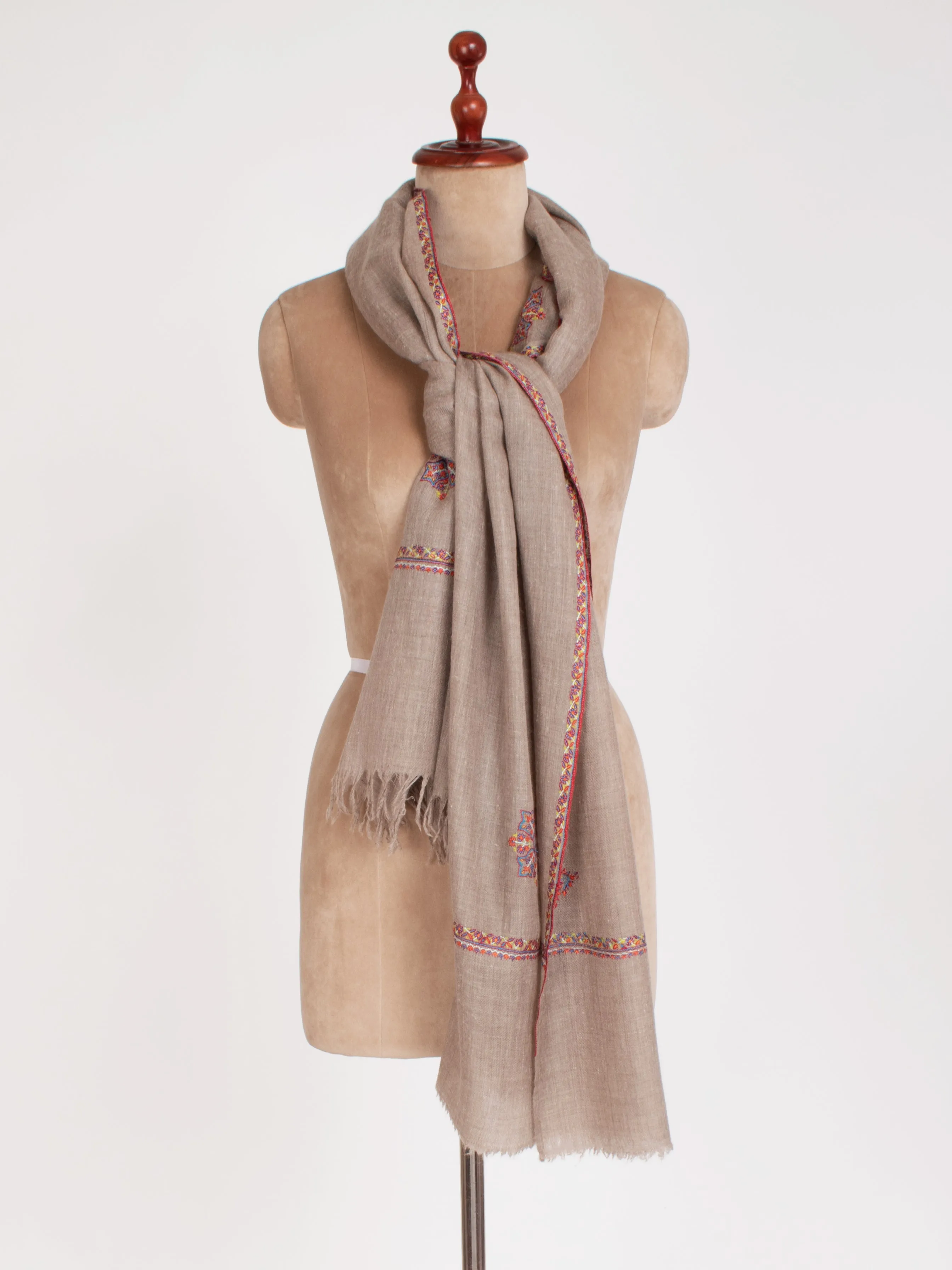 Grey Cashmere Scarf with Star and Paisley Motifs