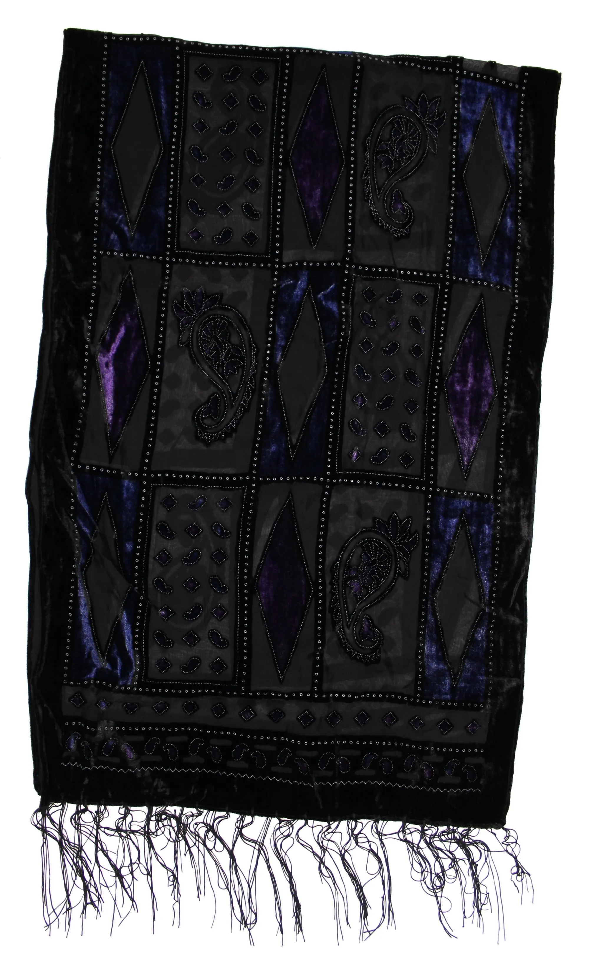 Grey   Purple Diamond Patterned Devore Velvet Scarf with Black Boarder (156 x 52cm)