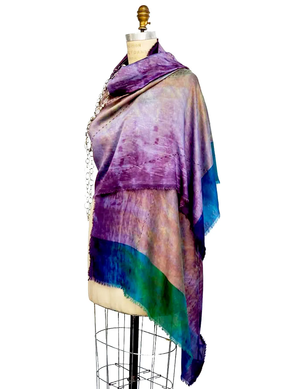 Hand Painted Silk Shawl With Embroidered Detail