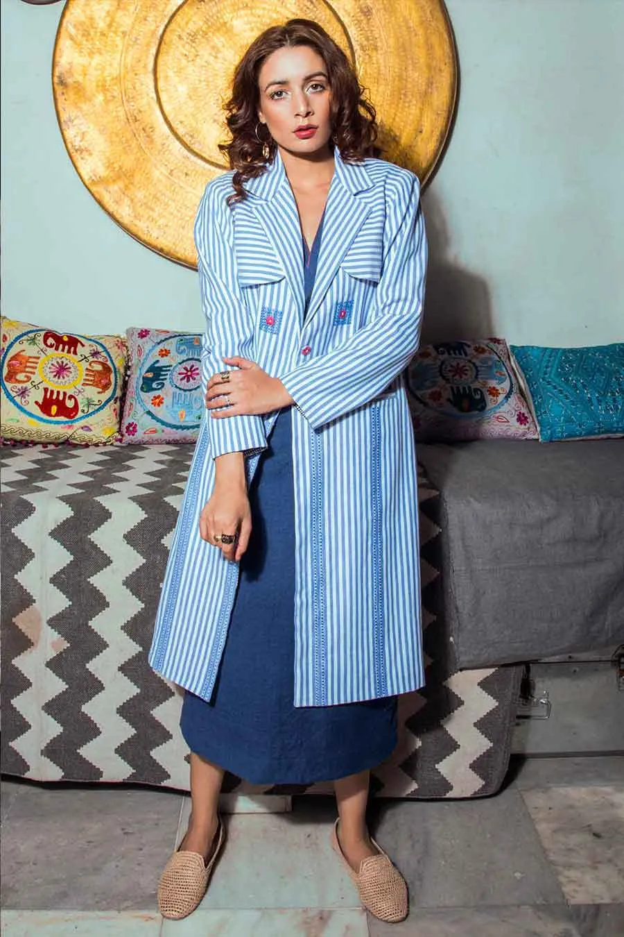 Handloom Cotton Blue Trench Coat