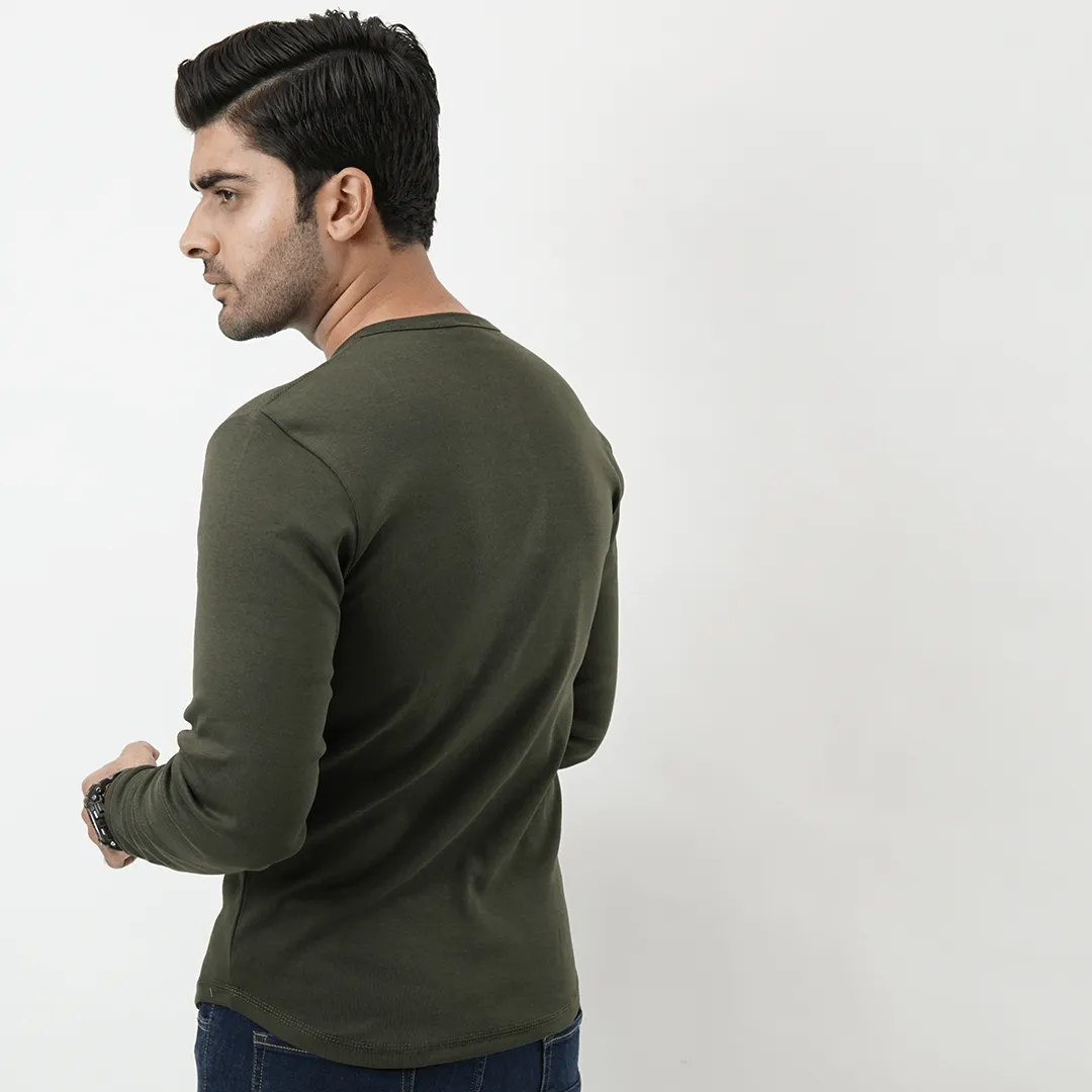 Henley Full Sleeves T-shirt - Olive Green