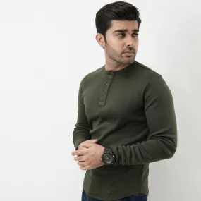 Henley Full Sleeves T-shirt - Olive Green