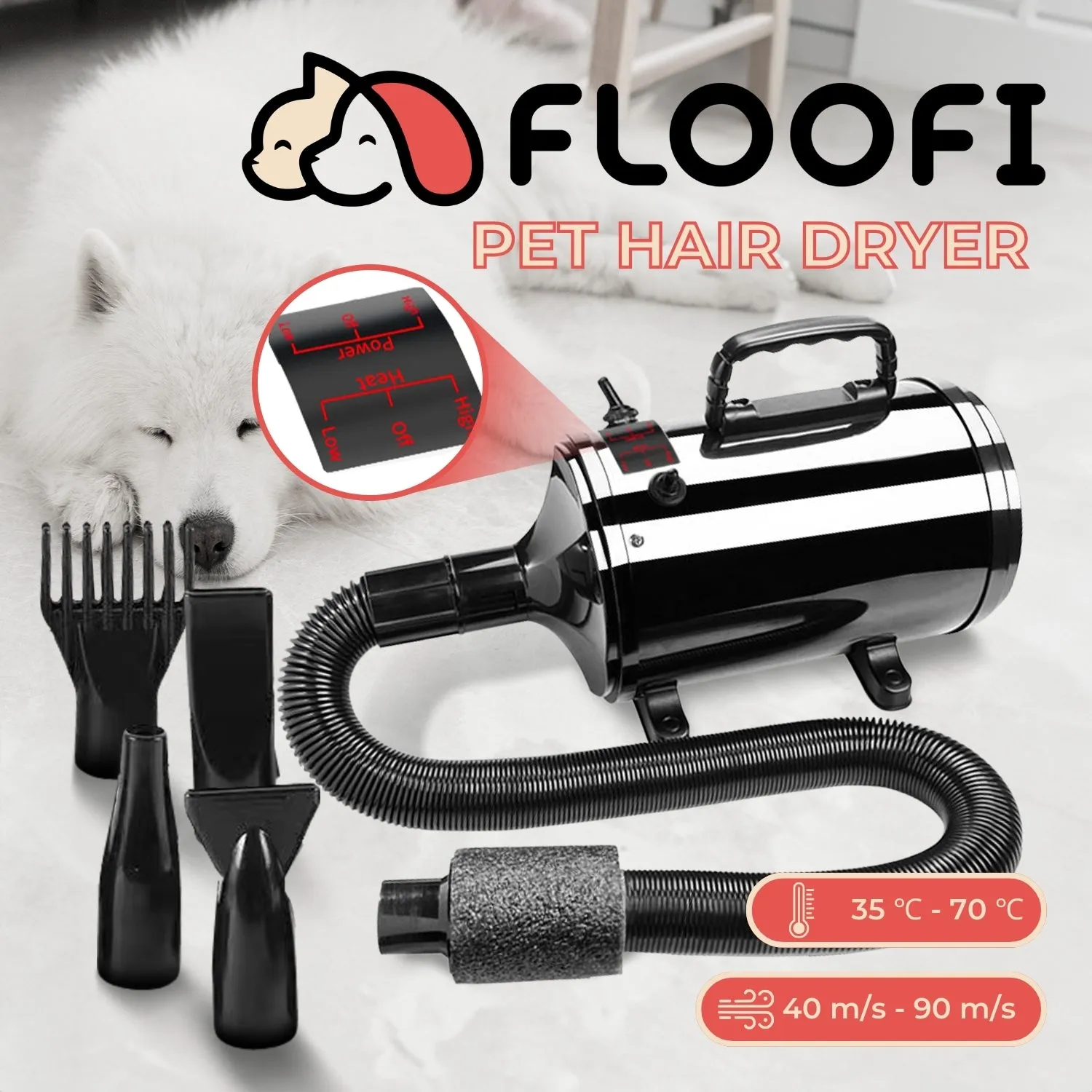 High Air Flow Pet Hair Dryer, Adjustable Speed, Floofi