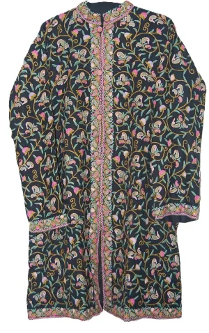 Kashmiri Woolen Coat Black, Multicolor Embroidery #AO-1271