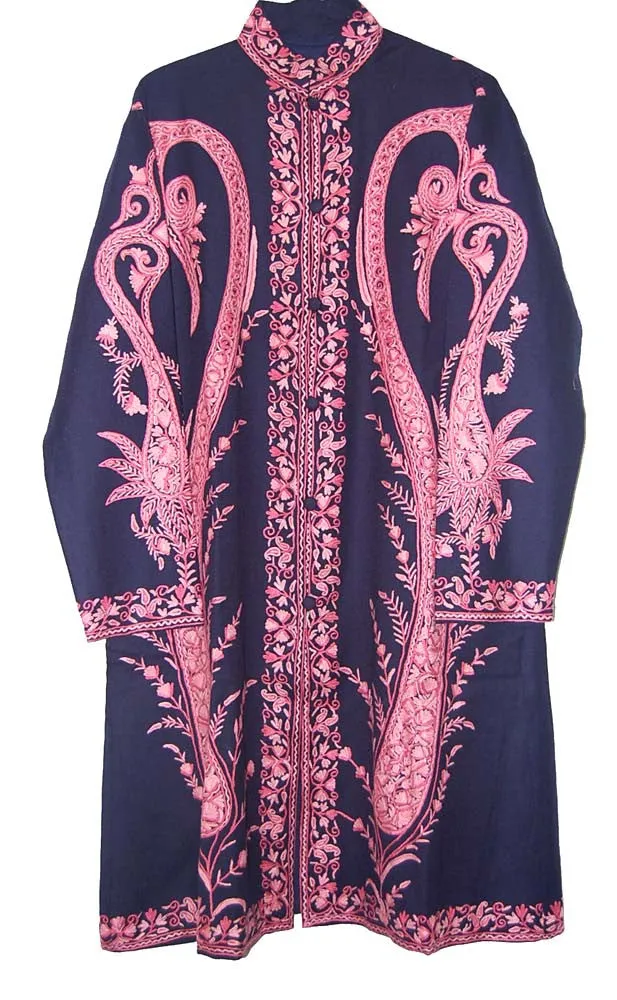 Kashmiri Woolen Coat Navy, Pink Embroidery #AO-1202