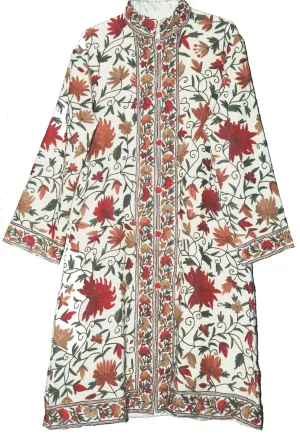 Kashmiri Woolen Coat Off-White, Multicolor Embroidery #AO-157