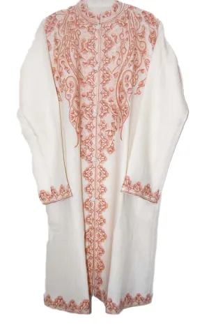 Kashmiri Woolen Coat Off-White, Rust Embroidery #AO-143