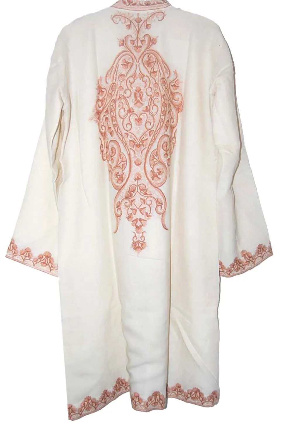 Kashmiri Woolen Coat Off-White, Rust Embroidery #AO-143