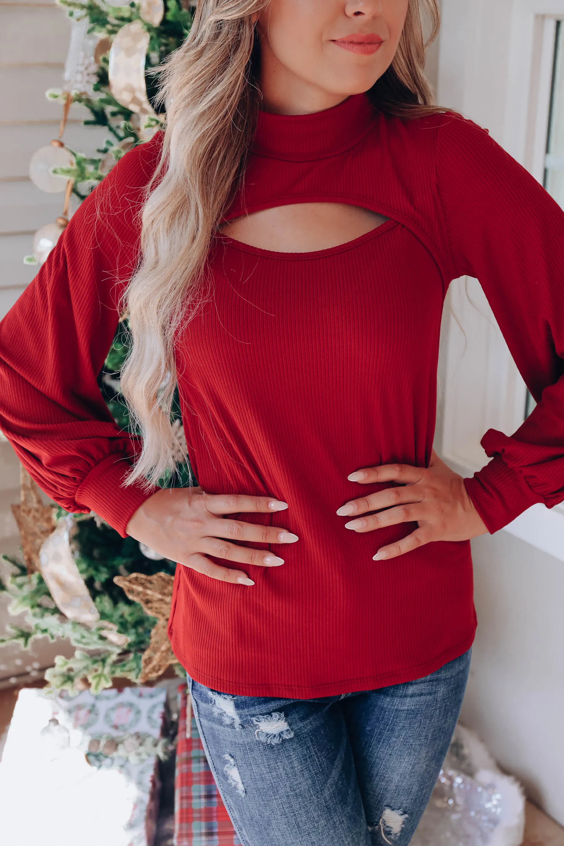 Kat Cutout Mock Neck Top - Burgundy