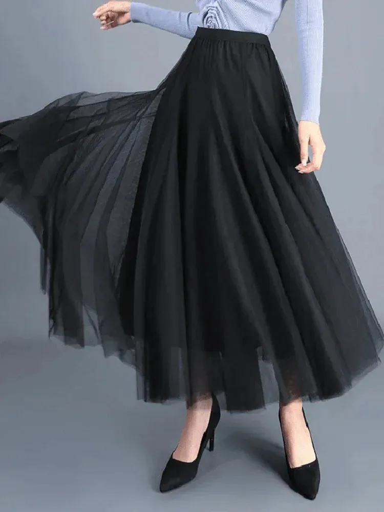 Korean Retro Solid Color Women's Half Skirt: Autumn Princess Style with 3 Layers Thin Gauze Mesh for Casual and Classic Fashion