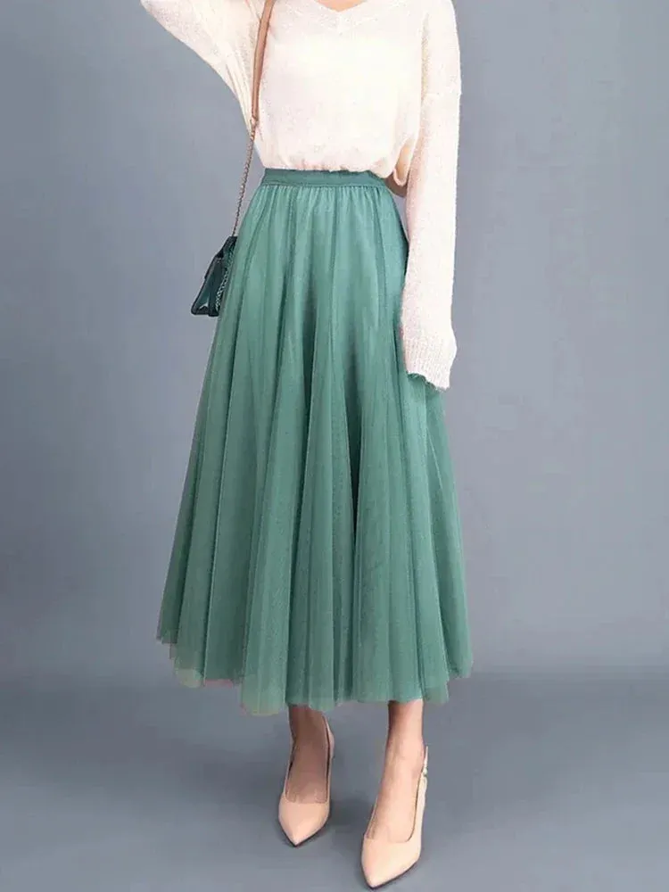 Korean Retro Solid Color Women's Half Skirt: Autumn Princess Style with 3 Layers Thin Gauze Mesh for Casual and Classic Fashion