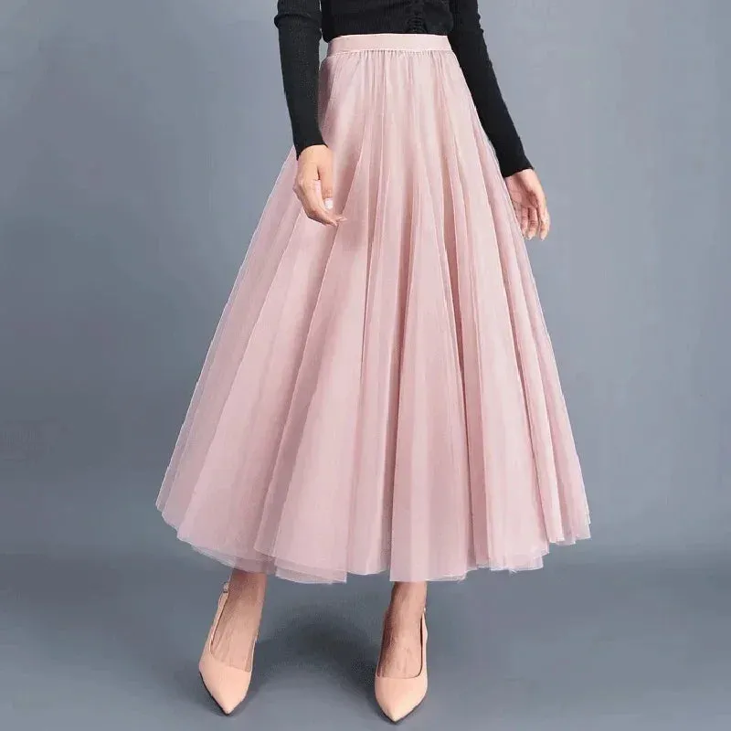 Korean Retro Solid Color Women's Half Skirt: Autumn Princess Style with 3 Layers Thin Gauze Mesh for Casual and Classic Fashion