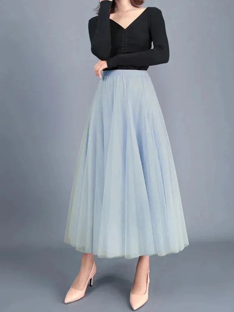 Korean Retro Solid Color Women's Half Skirt: Autumn Princess Style with 3 Layers Thin Gauze Mesh for Casual and Classic Fashion