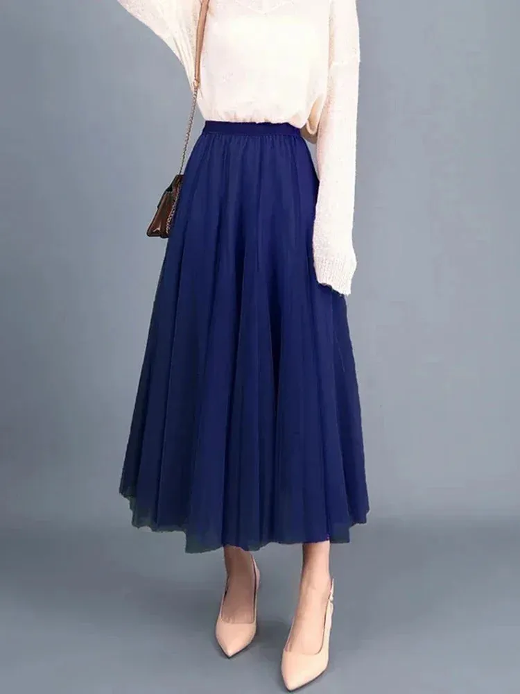 Korean Retro Solid Color Women's Half Skirt: Autumn Princess Style with 3 Layers Thin Gauze Mesh for Casual and Classic Fashion