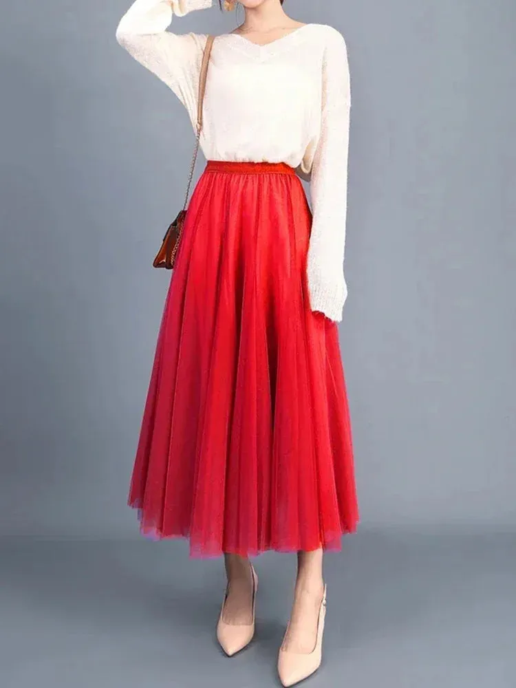 Korean Retro Solid Color Women's Half Skirt: Autumn Princess Style with 3 Layers Thin Gauze Mesh for Casual and Classic Fashion