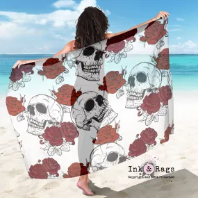 Large Sheer Shades of Red Rose Skull Scarf, Sarong, Shawl