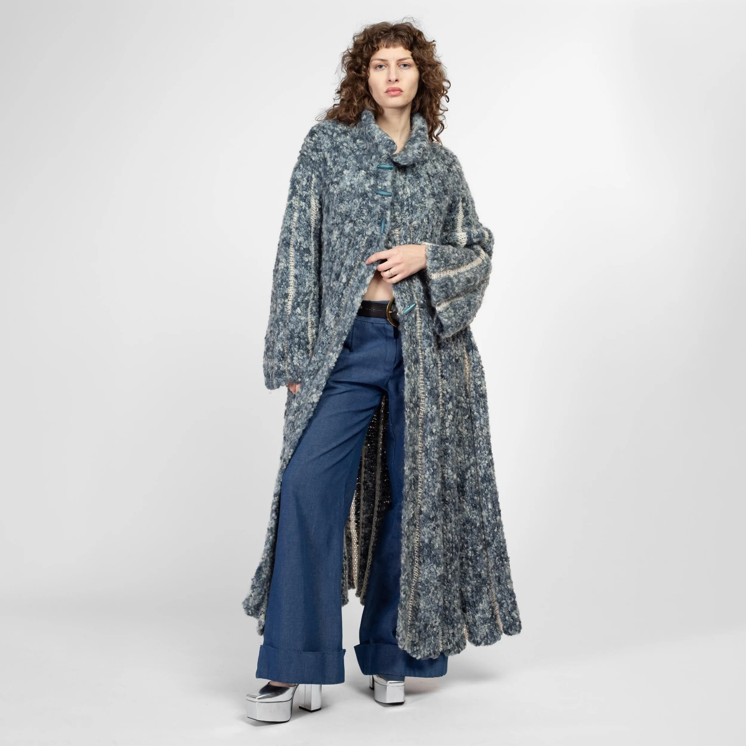 Large Vintage Blue Marled Knit Maxi Cardigan Coat