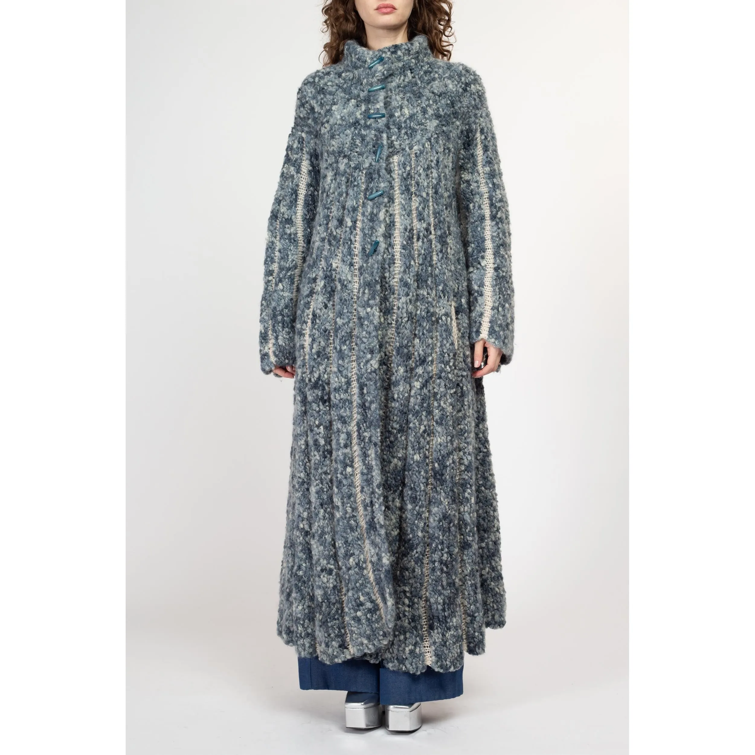 Large Vintage Blue Marled Knit Maxi Cardigan Coat