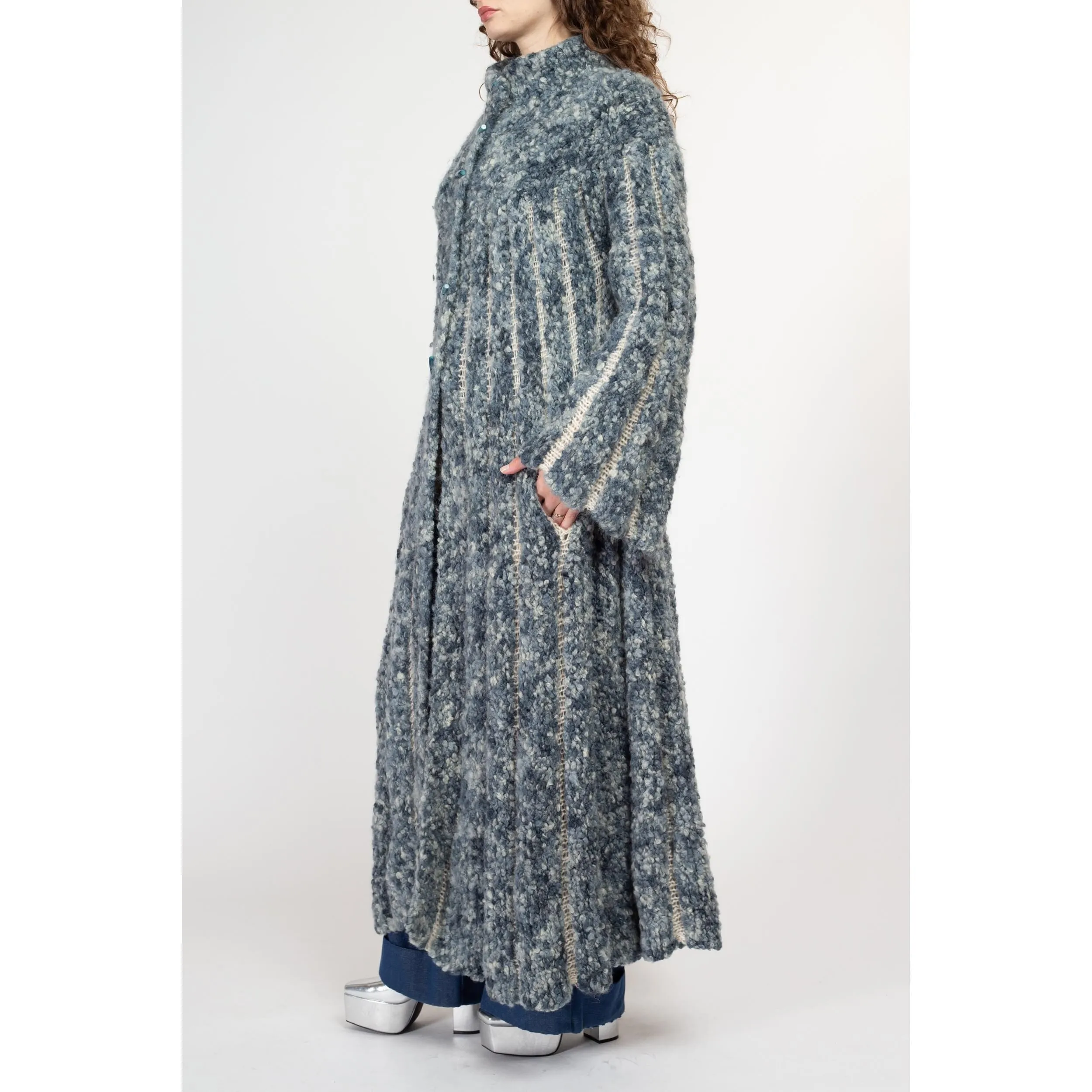 Large Vintage Blue Marled Knit Maxi Cardigan Coat