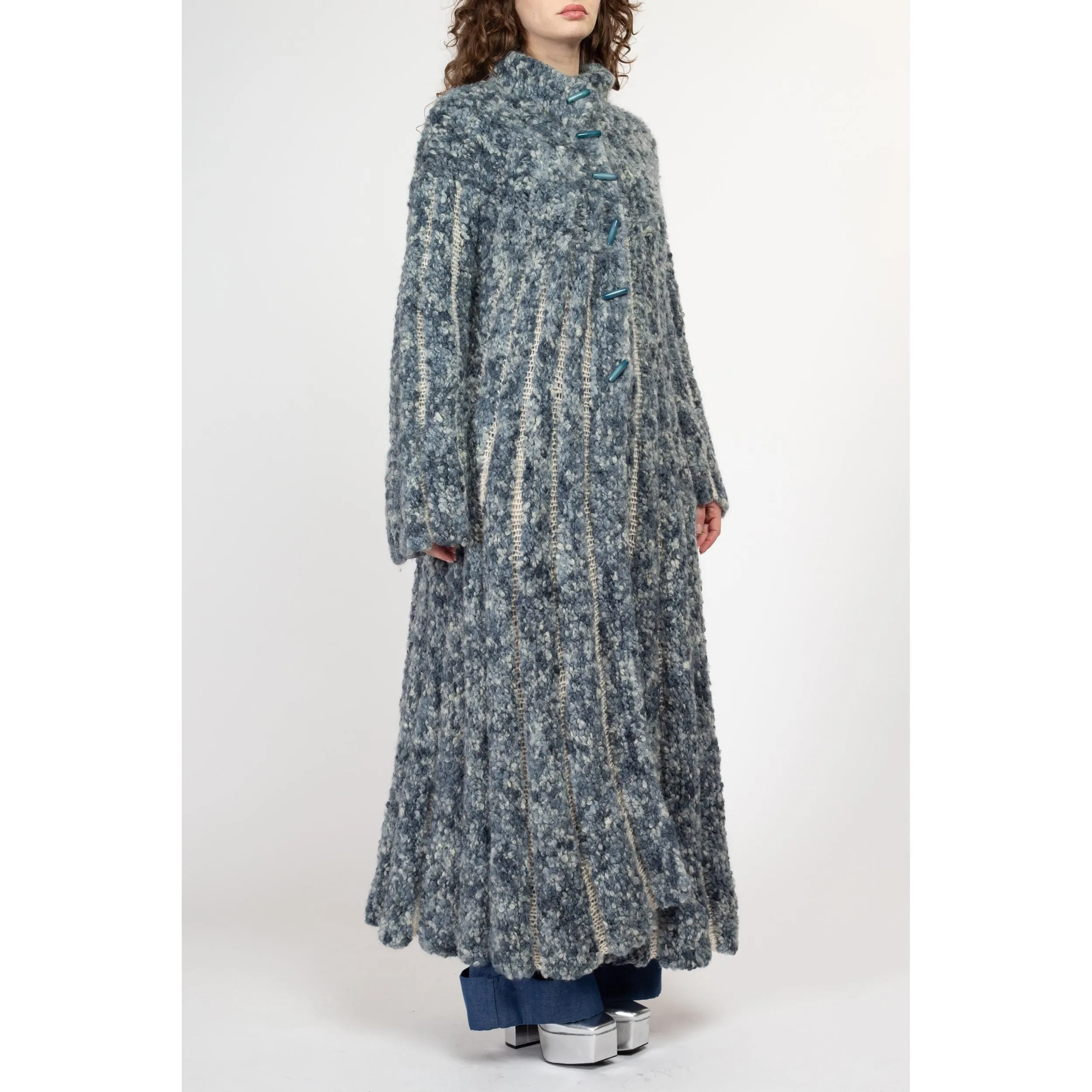 Large Vintage Blue Marled Knit Maxi Cardigan Coat