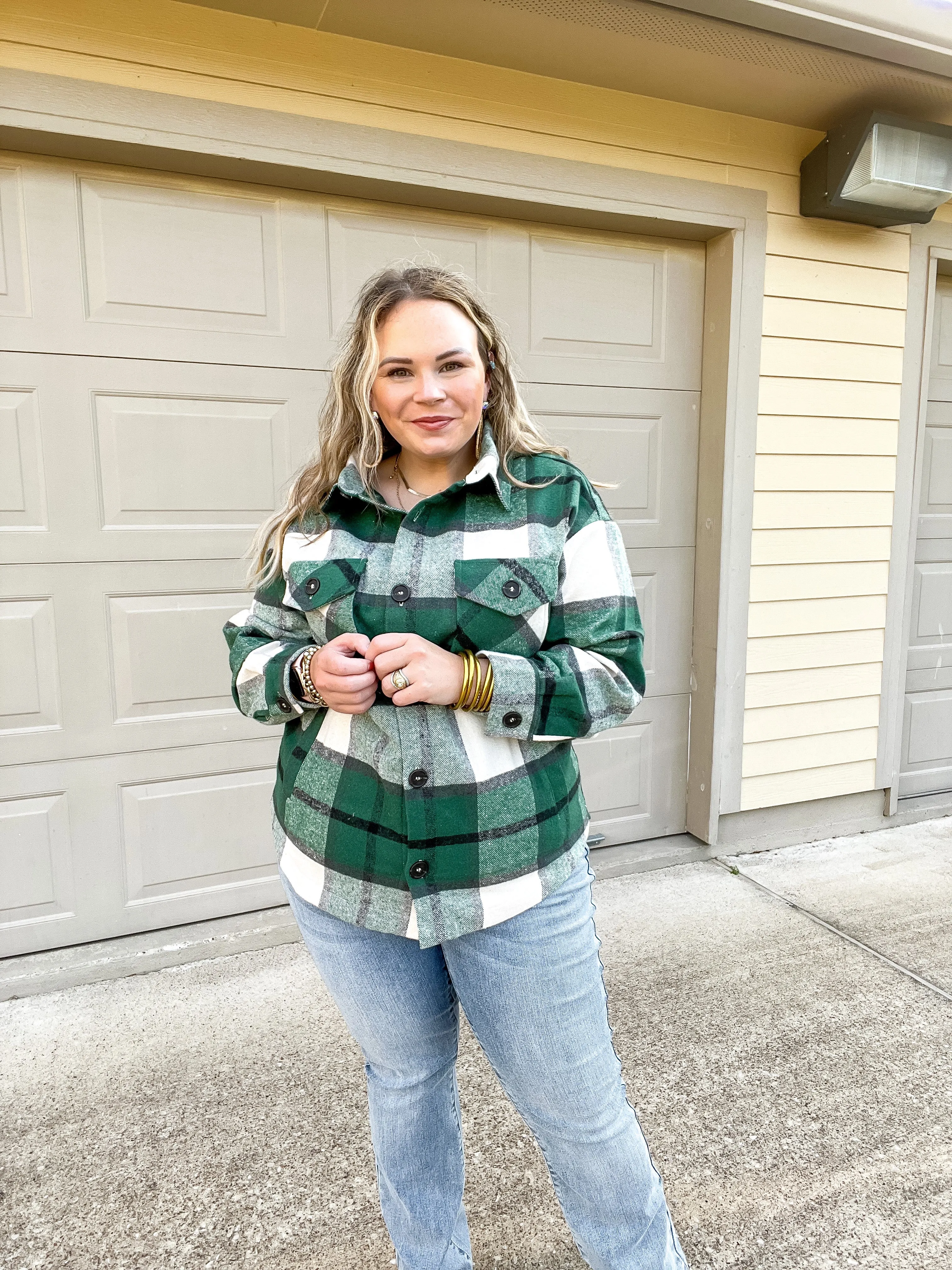 Last Chance Size Small & Medium | Autumn Air Plaid Button Up Shacket in Hunter Green