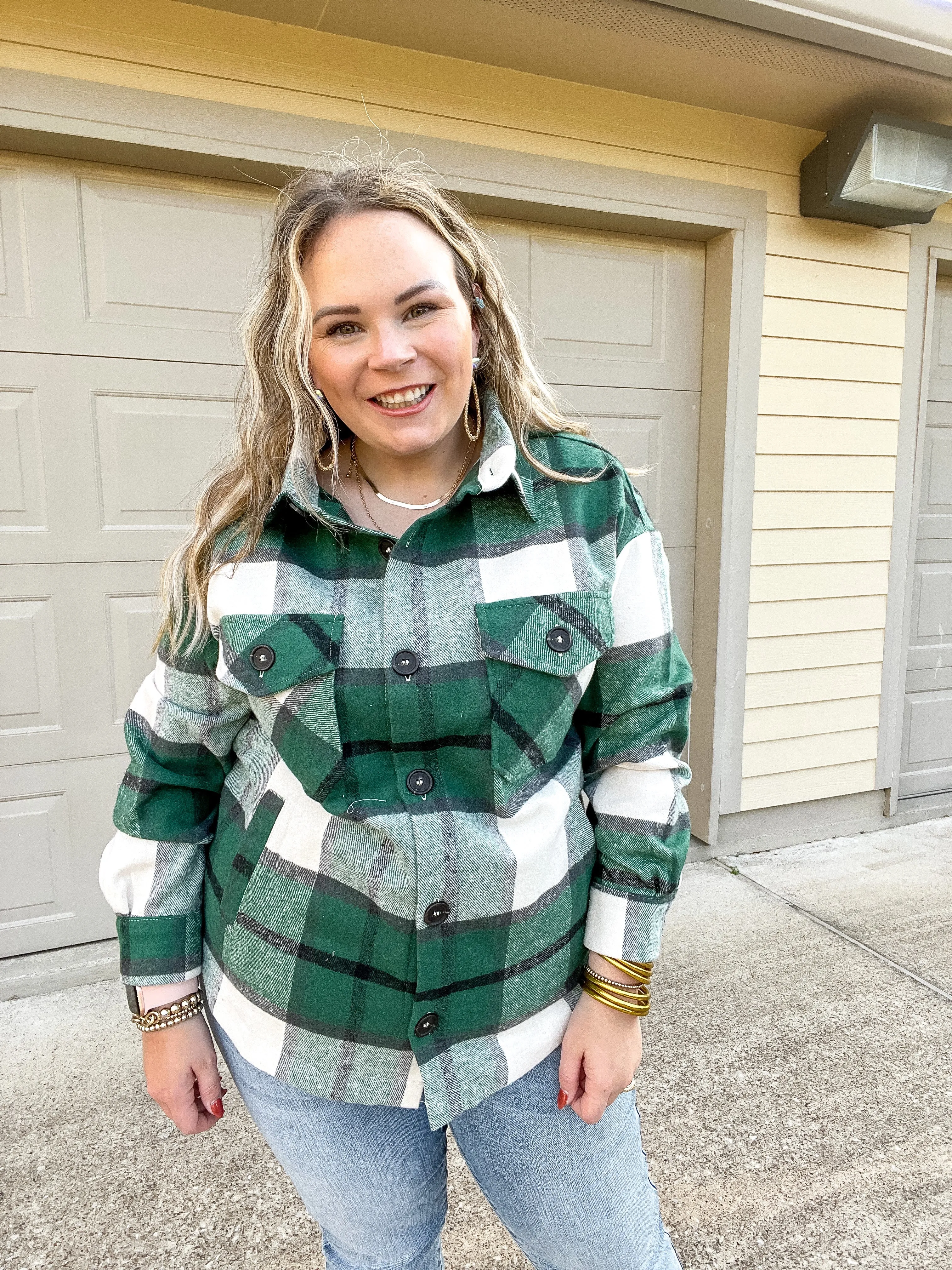 Last Chance Size Small & Medium | Autumn Air Plaid Button Up Shacket in Hunter Green