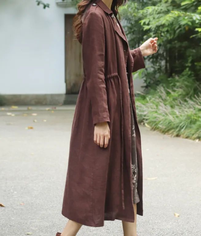 Long Sleeve Spring Fall Cardigan Women Coat , Spring Women Linen Trench Coat 9092