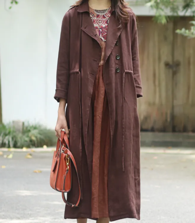 Long Sleeve Spring Fall Cardigan Women Coat , Spring Women Linen Trench Coat 9092