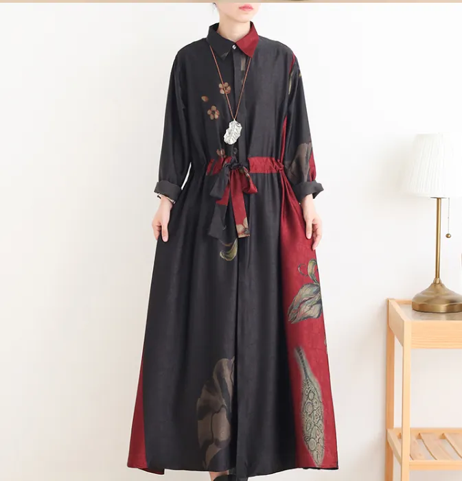 Loose Fall Floral Women Coat Long Sleeve Women Linen Trench Coat S90921