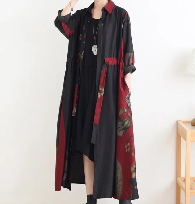 Loose Fall Floral Women Coat Long Sleeve Women Linen Trench Coat S90921