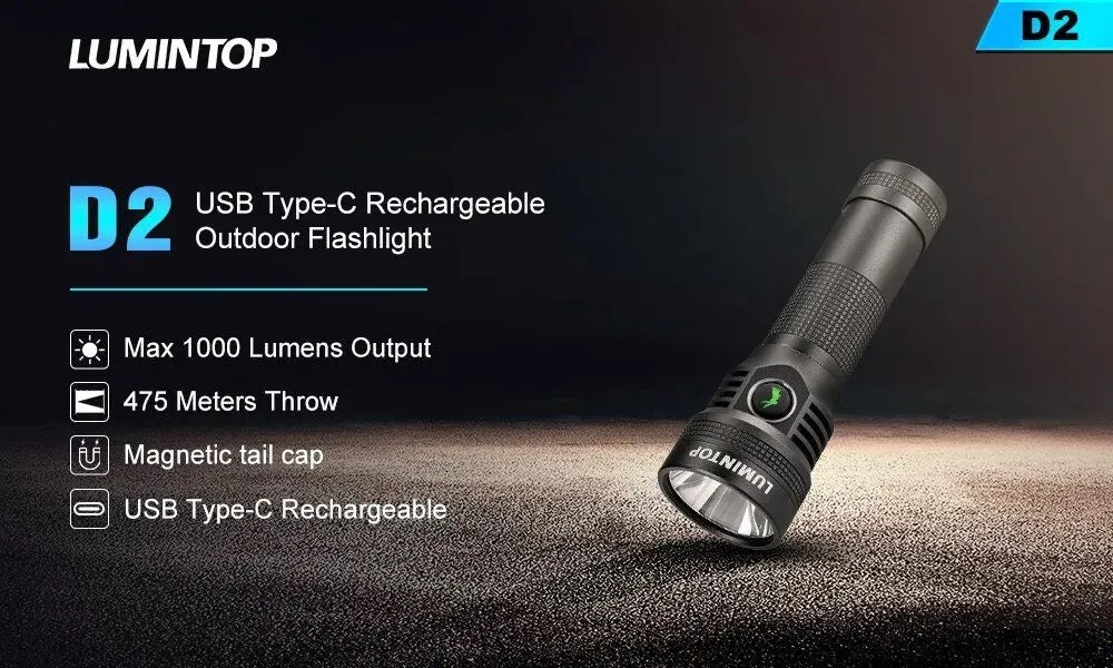 Lumintop D2 1000 Lumen USB-C Rechargeable LED Flashlight 1 * Osram LED - Black / Green