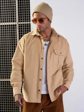 Men Beige Corduroy Side Pocket Shacket