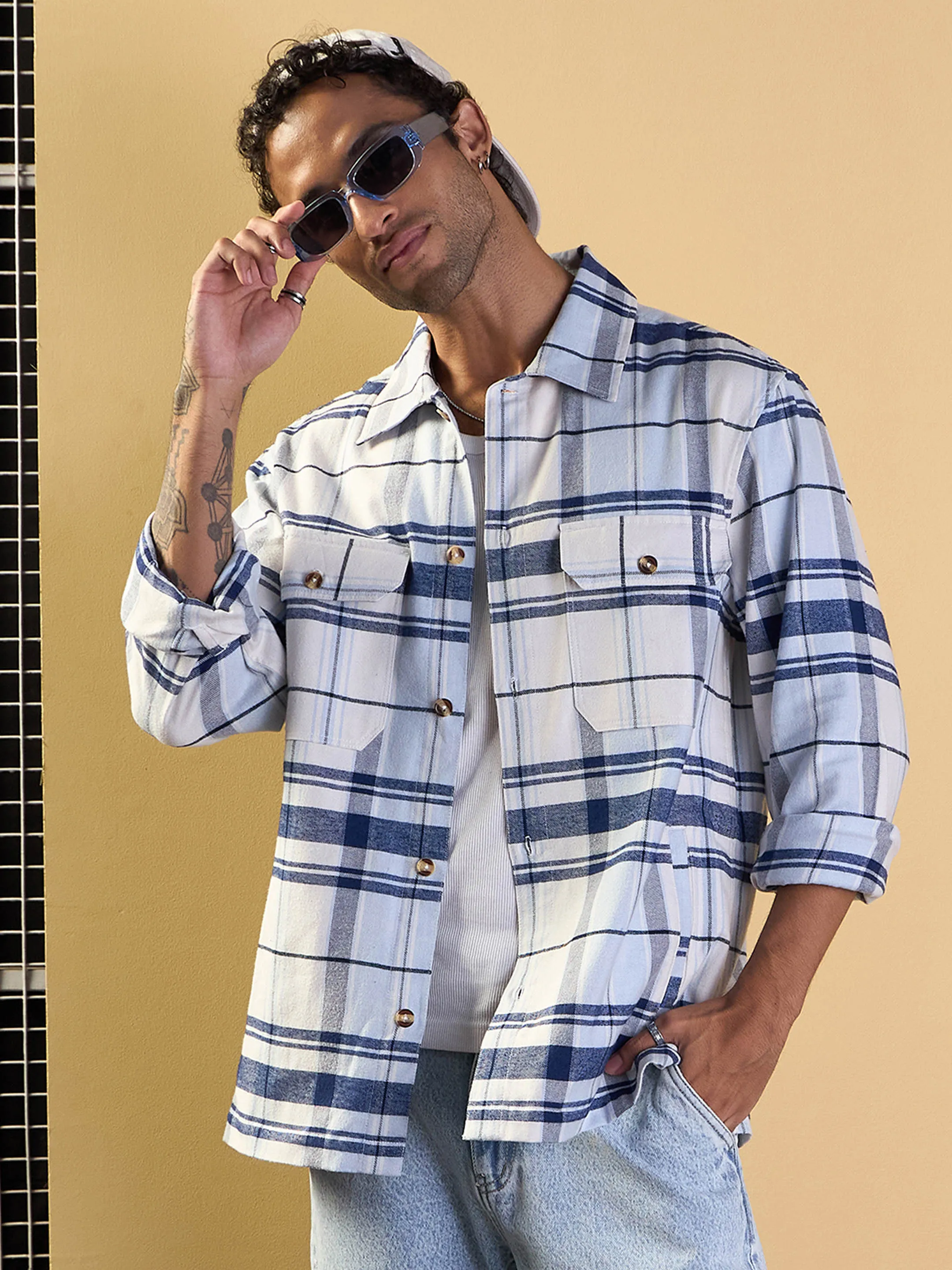 Men Blue & White Check Side Pocket Shacket