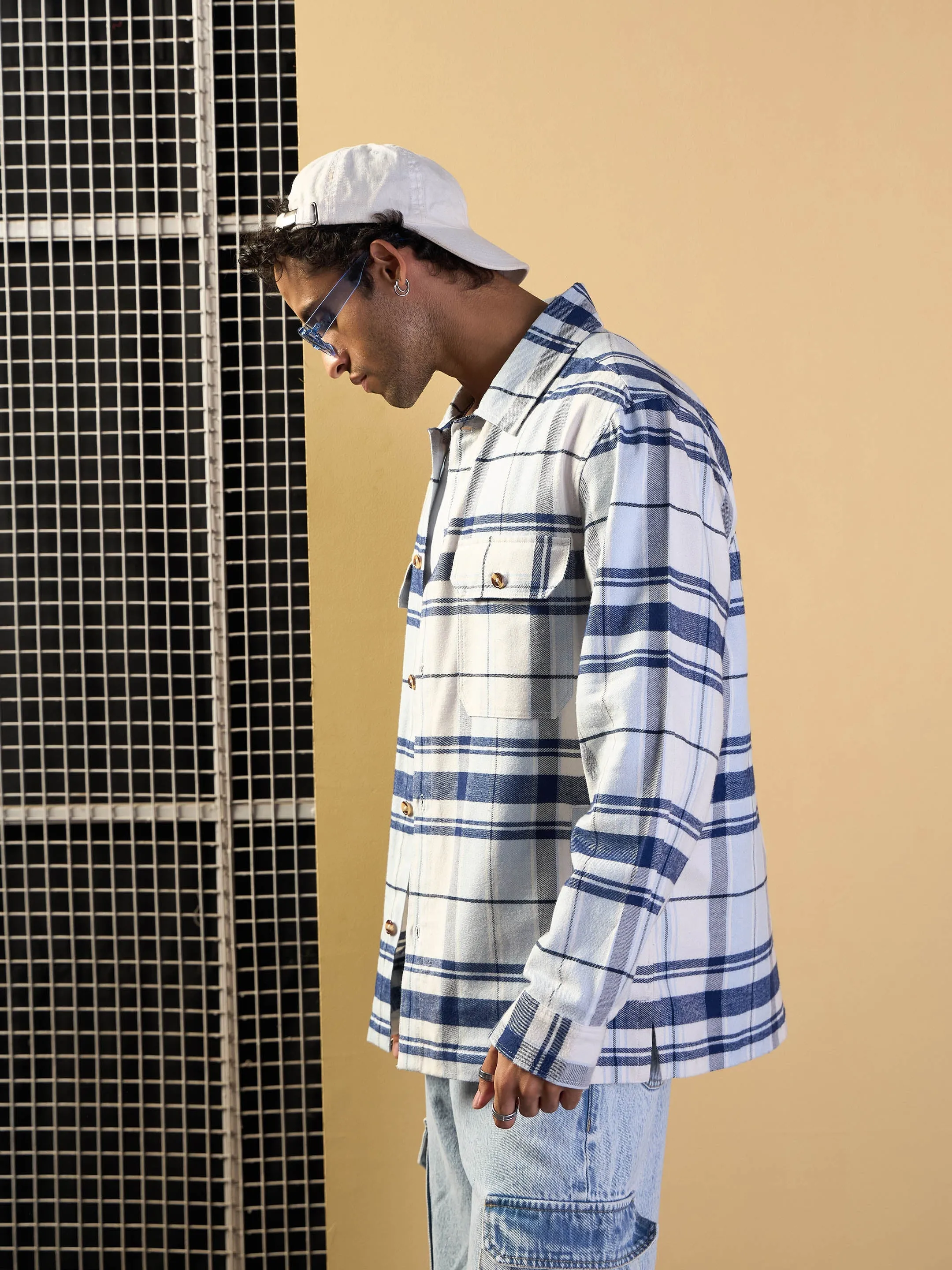 Men Blue & White Check Side Pocket Shacket