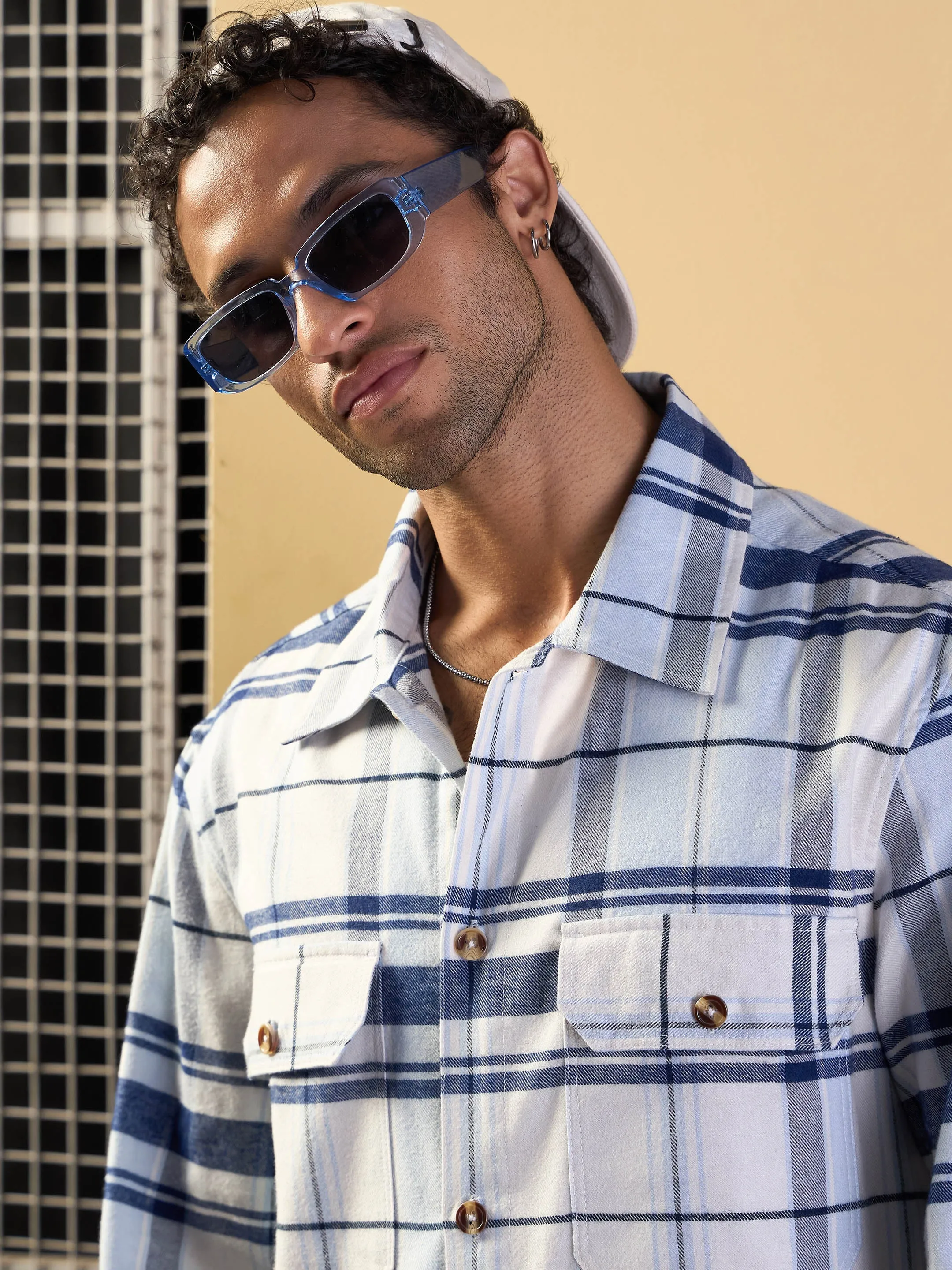 Men Blue & White Check Side Pocket Shacket