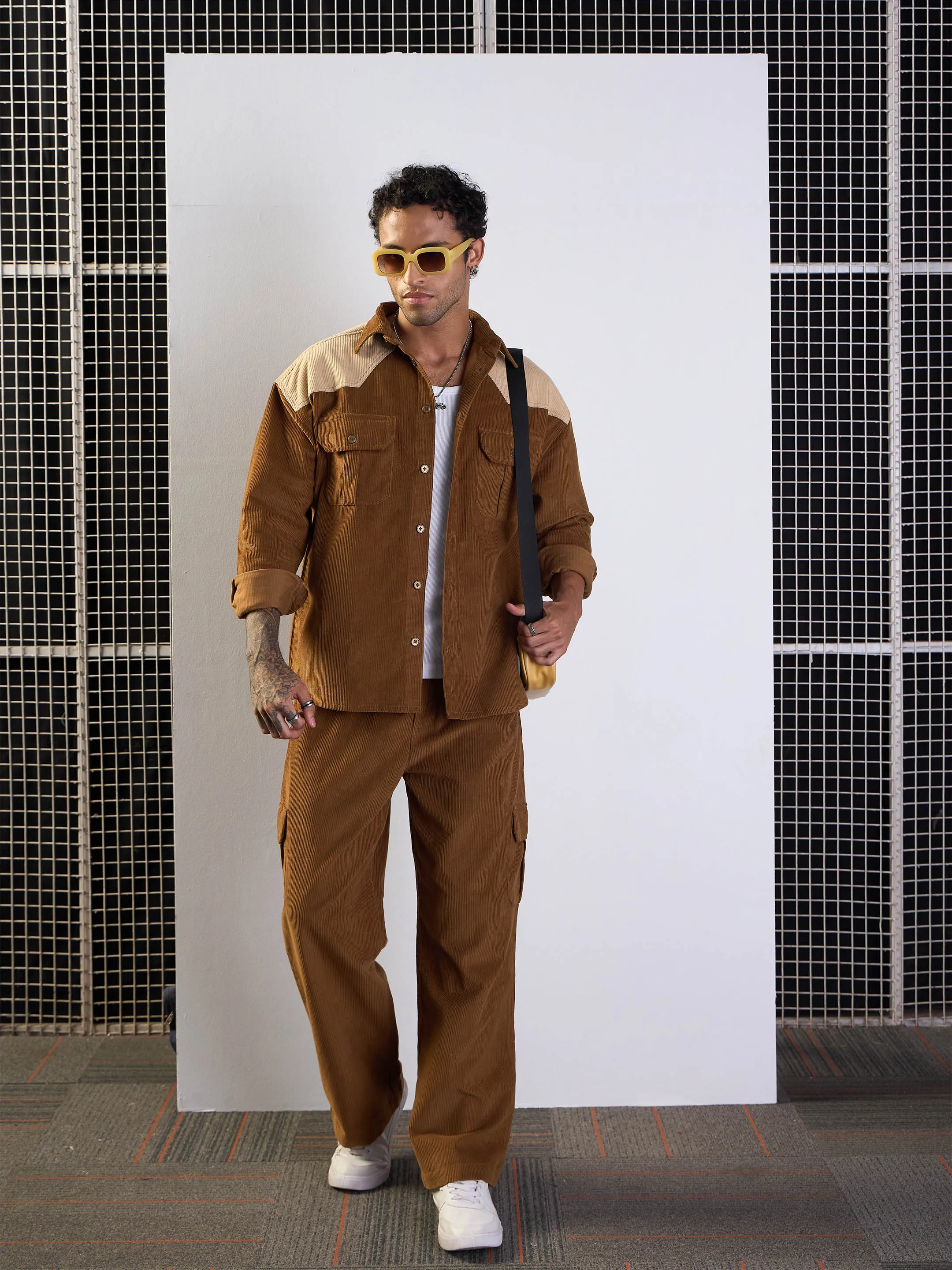 Men Brown & Beige Corduroy Colourblock Oversize Shirt