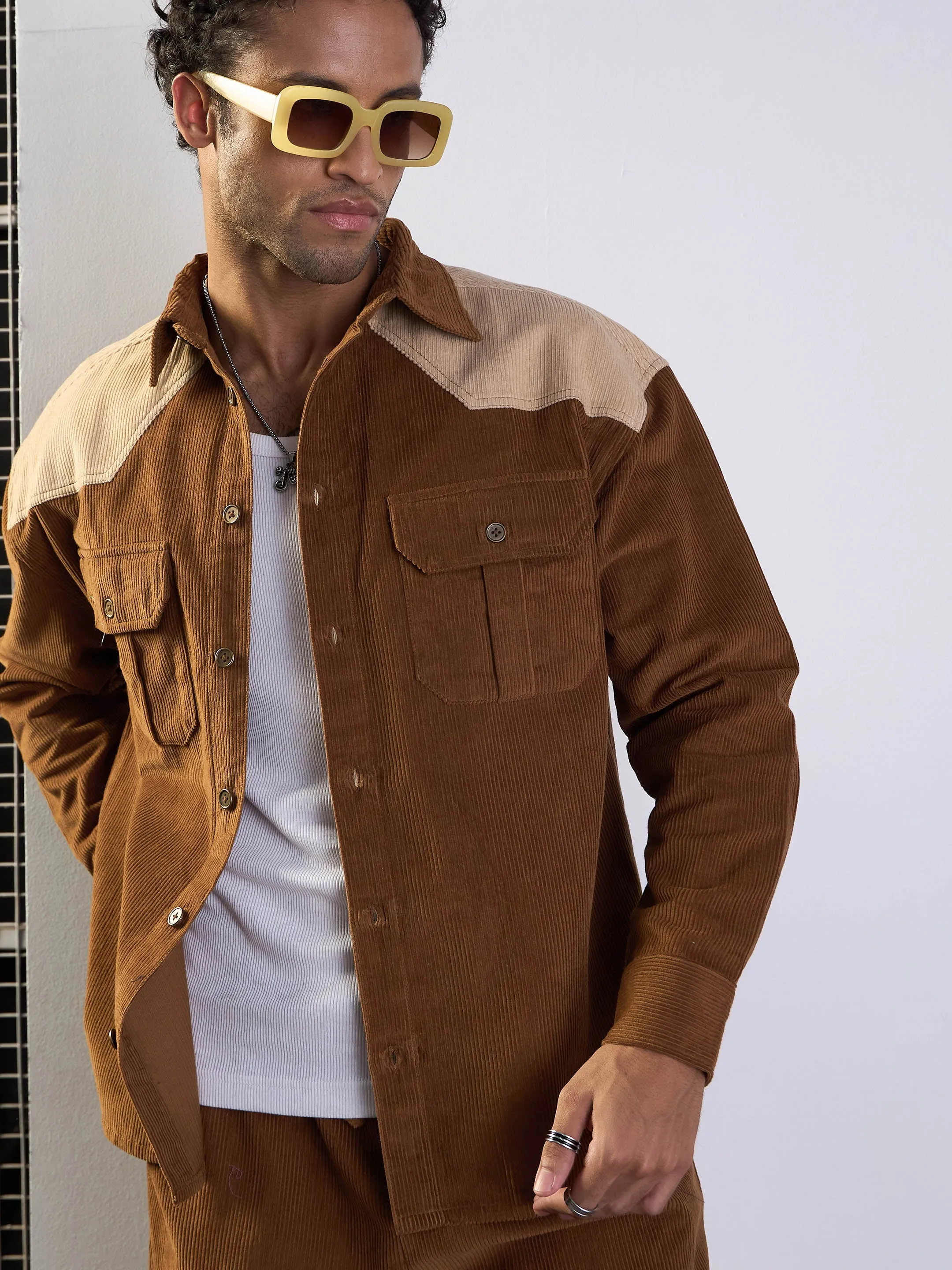 Men Brown & Beige Corduroy Colourblock Oversize Shirt