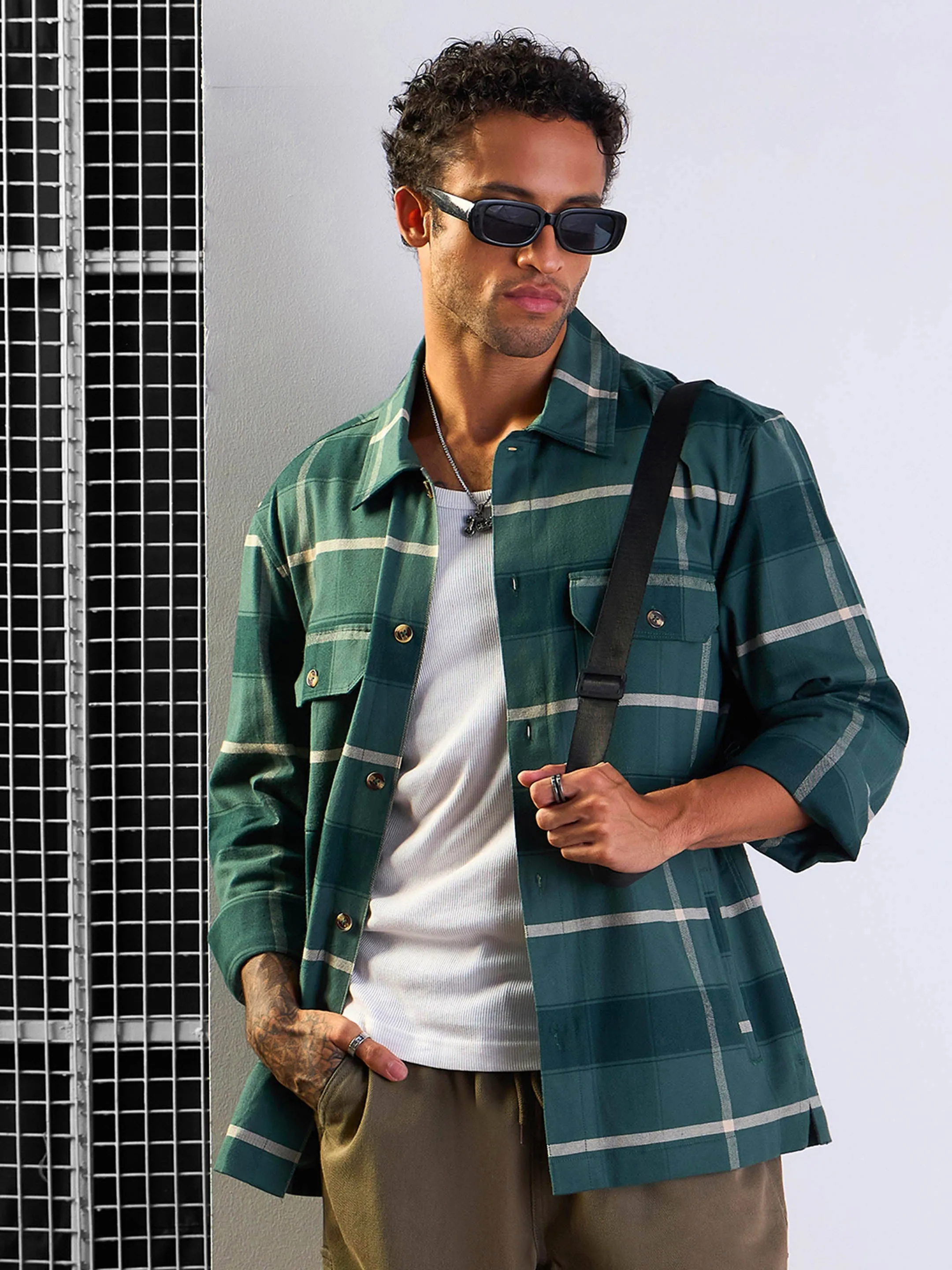 Men Green Check Side Pocket Shacket