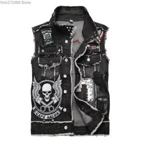 Men's Jackets New Men Punk Motorcycle Casual Denim Embroidery Jacket Clothing Male Street Hip Hop Retro Denim Vest Jackets