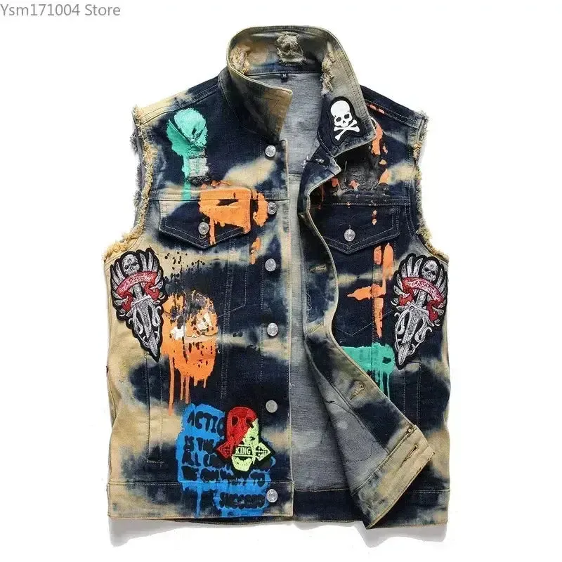 Men's Jackets New Men Punk Motorcycle Casual Denim Embroidery Jacket Clothing Male Street Hip Hop Retro Denim Vest Jackets