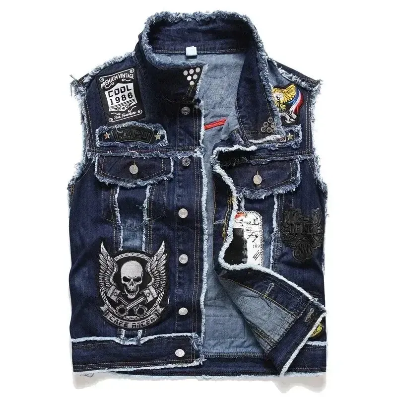 Men's Jackets New Men Punk Motorcycle Casual Denim Embroidery Jacket Clothing Male Street Hip Hop Retro Denim Vest Jackets