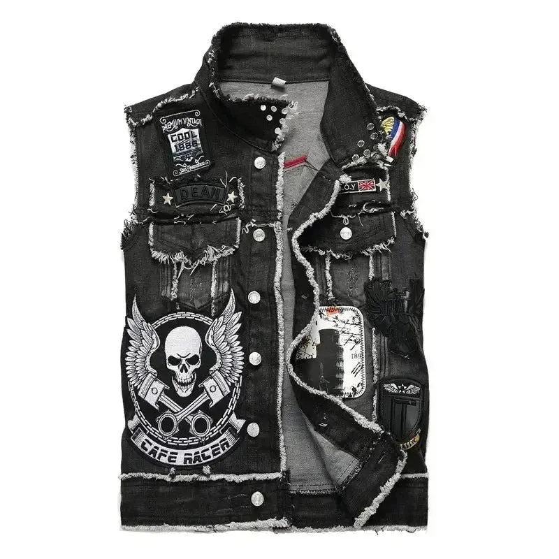 Men's Jackets New Men Punk Motorcycle Casual Denim Embroidery Jacket Clothing Male Street Hip Hop Retro Denim Vest Jackets