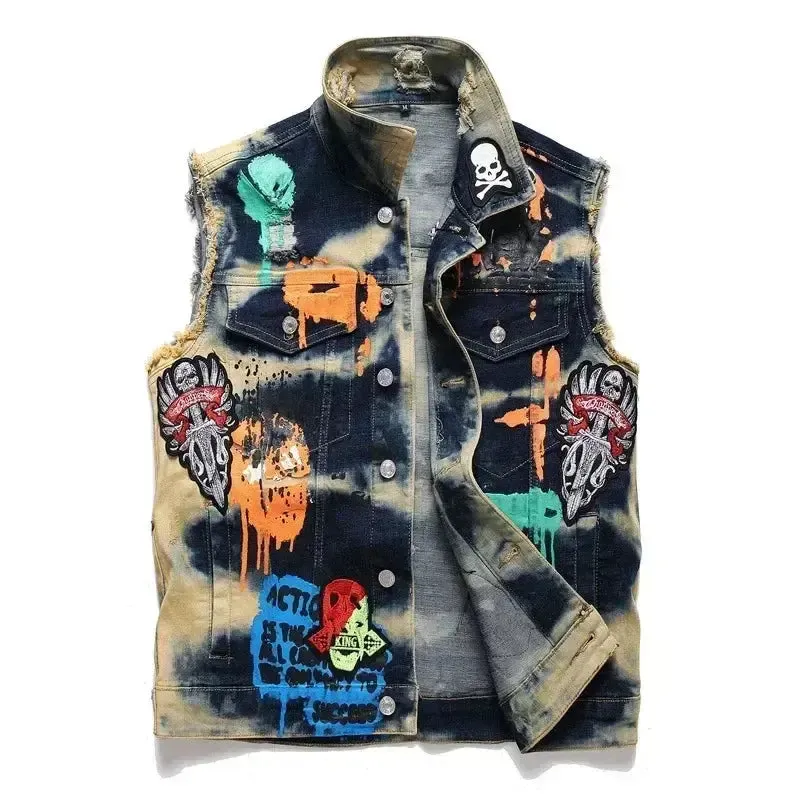 Men's Jackets New Men Punk Motorcycle Casual Denim Embroidery Jacket Clothing Male Street Hip Hop Retro Denim Vest Jackets