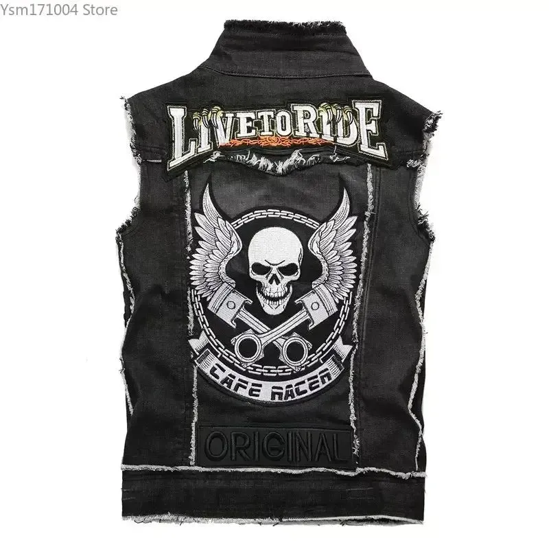 Men's Jackets New Men Punk Motorcycle Casual Denim Embroidery Jacket Clothing Male Street Hip Hop Retro Denim Vest Jackets