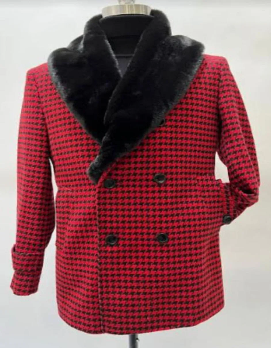 Mens Plaid Overcoat - Wool Peacoat - Plaid Topcoats Shawl Lapel Red