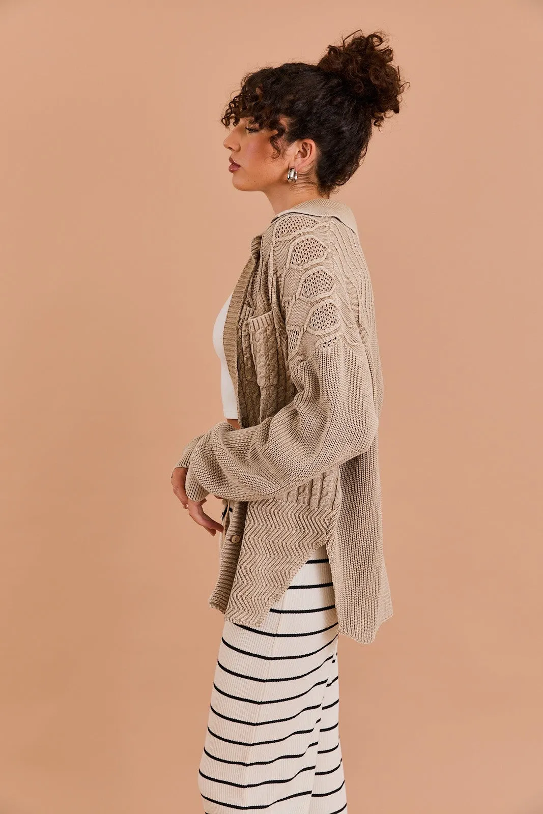 MINDY MIX CABLE SWEATER SHACKET | MOCHA