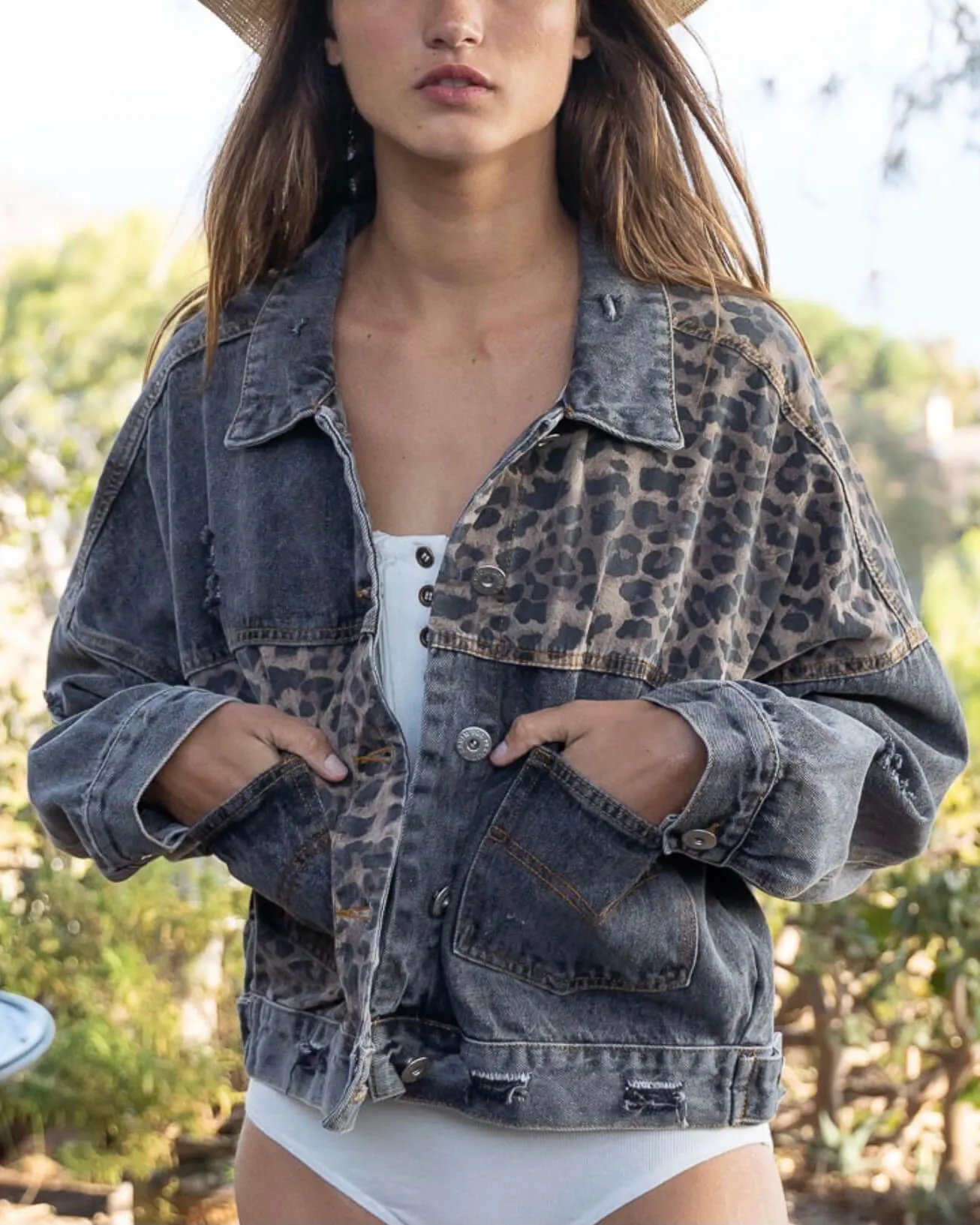 Off Duty Leopard Denim Jacket in Vintage Black