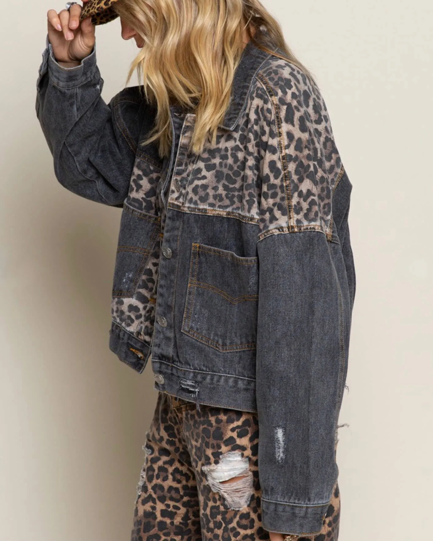 Off Duty Leopard Denim Jacket in Vintage Black