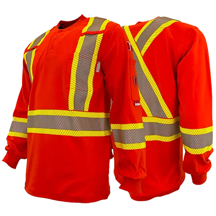 Orange FR / Arc Flash Long Sleeve Henley Shirts w/4"Segmented Striping by Atlas Workwear - Style 4034OR