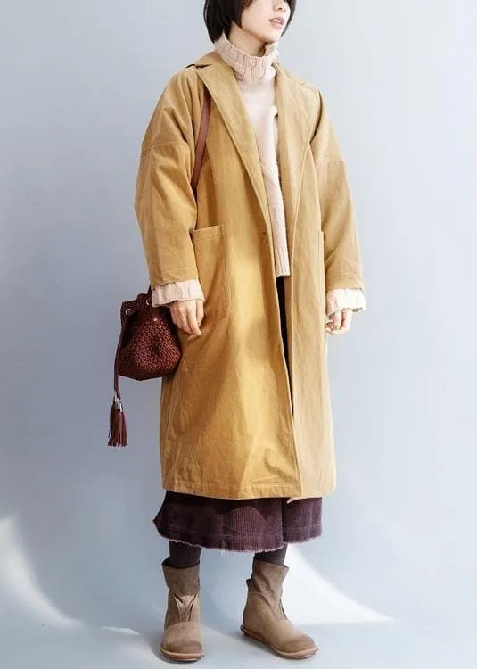 Organic yellow fine trench coat Sewing  big pockets women coats